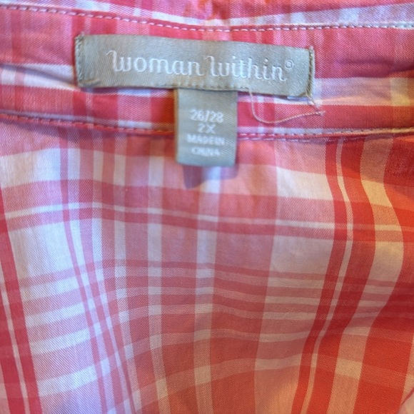 Woman Within pink/white plaid button front long cuffed sleeve shirt. 2X, 26/28. - Picture 5 of 5